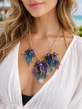Boho Raffia Cord 3 Multi-Cluster Purple- Teal - turquoise Statement Necklace